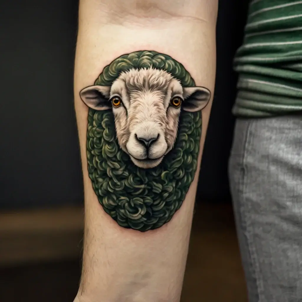 Realistic sheep tattoo with detailed face and textured green wool, set on the forearm.