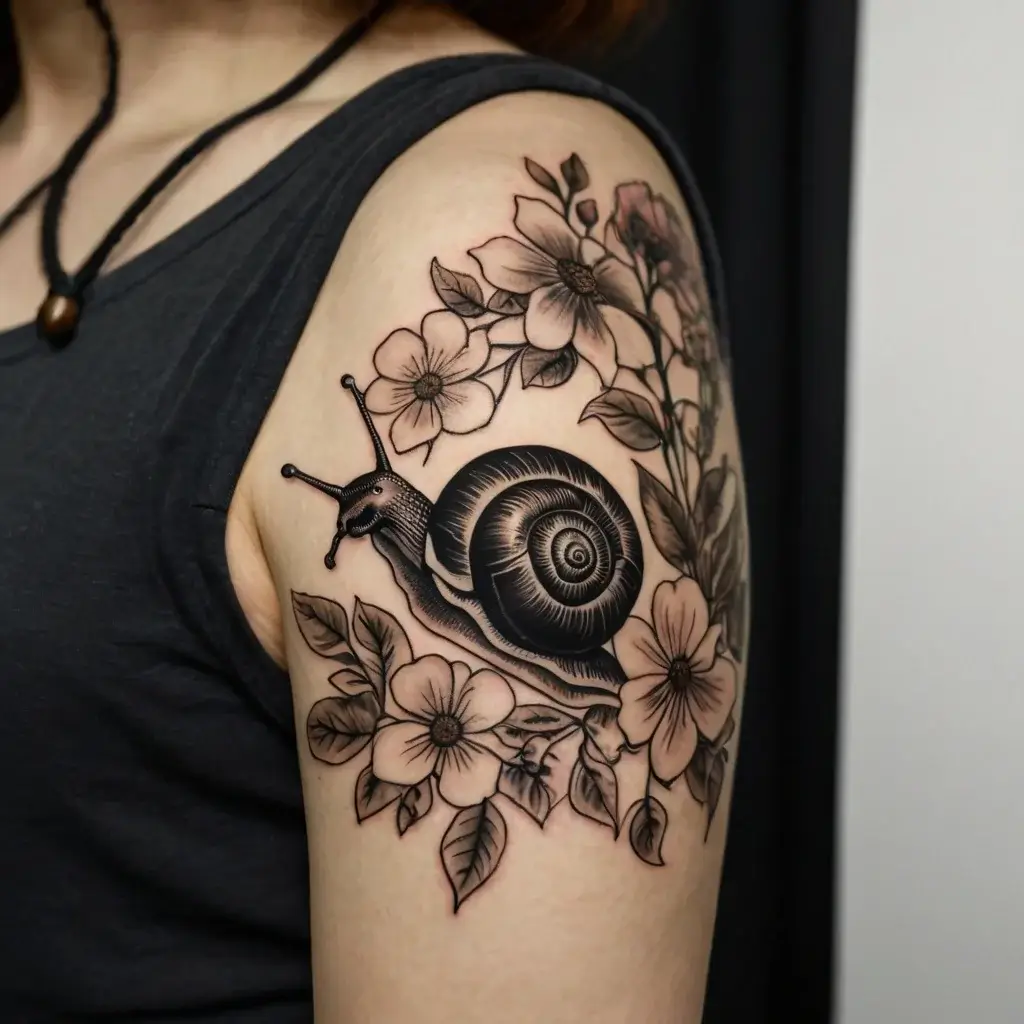 Tattoo of a detailed snail among blooming flowers and leaves on an upper arm, blending nature and elegance.