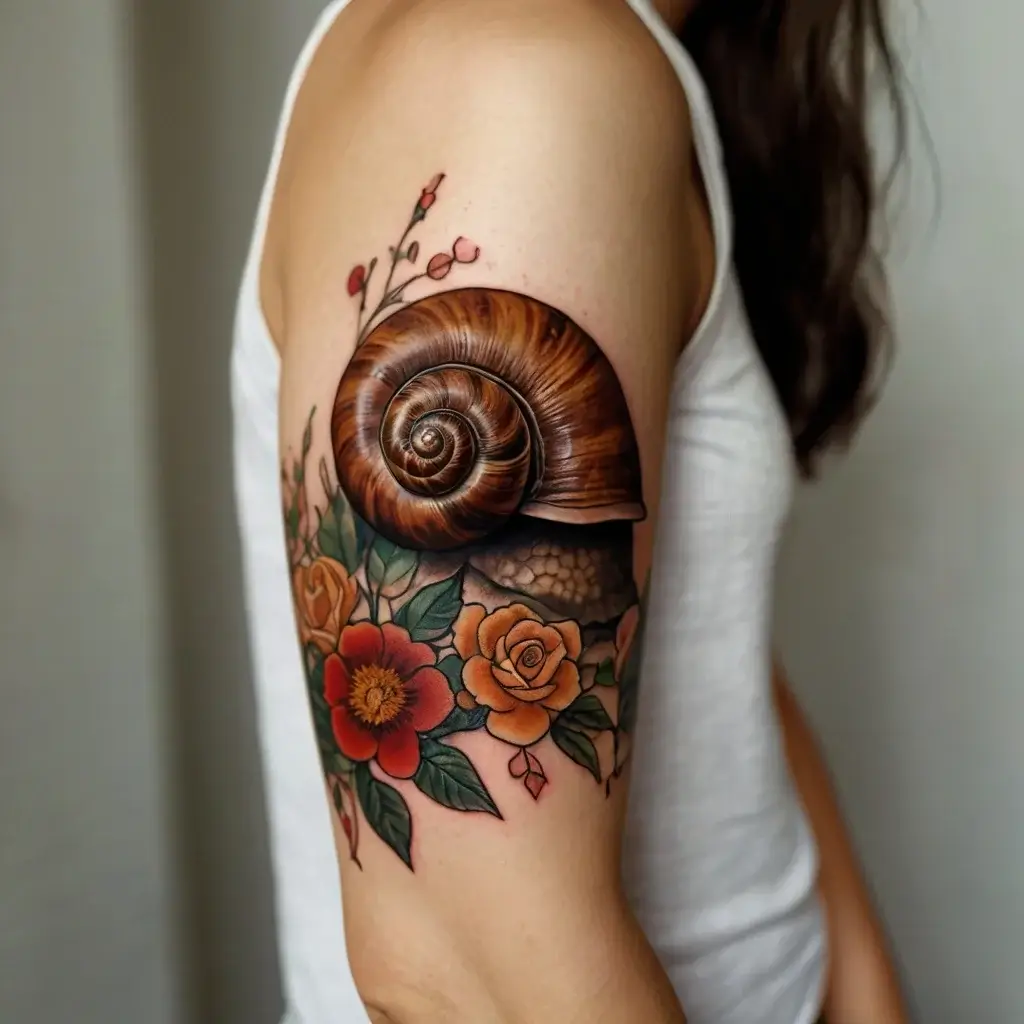 Snail tattoo on arm surrounded by vibrant red and orange flowers; intricate shell detail, natural theme.