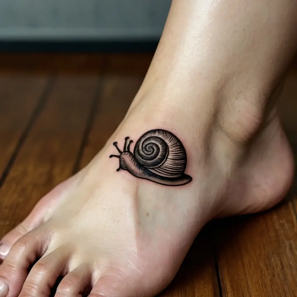 Realistic snail tattoo on the ankle, featuring detailed spiral shell shading and fine line work for a natural appearance.