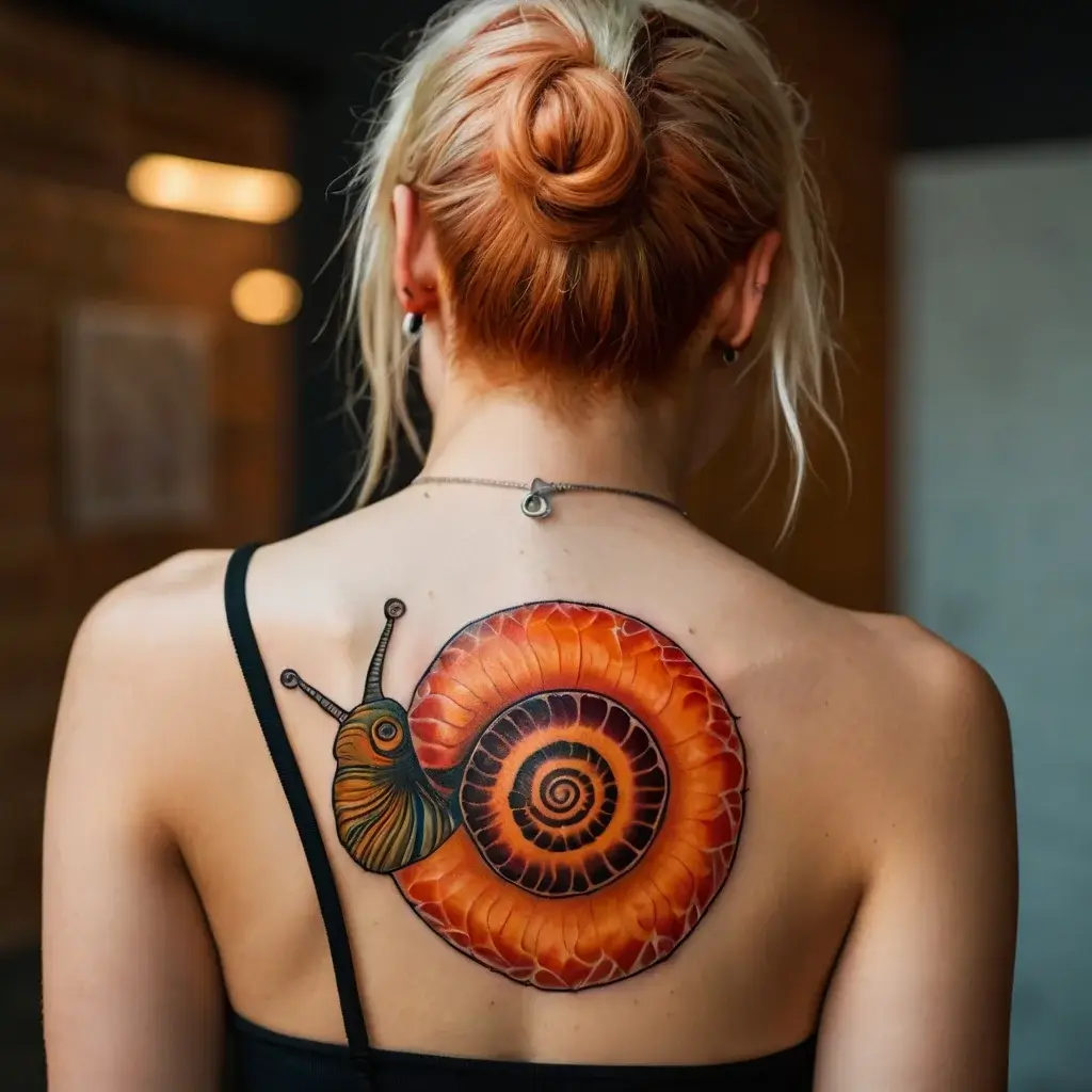 A vibrant orange and brown snail tattoo on upper back, showcasing intricate spiral shell details and vivid, realistic shading.