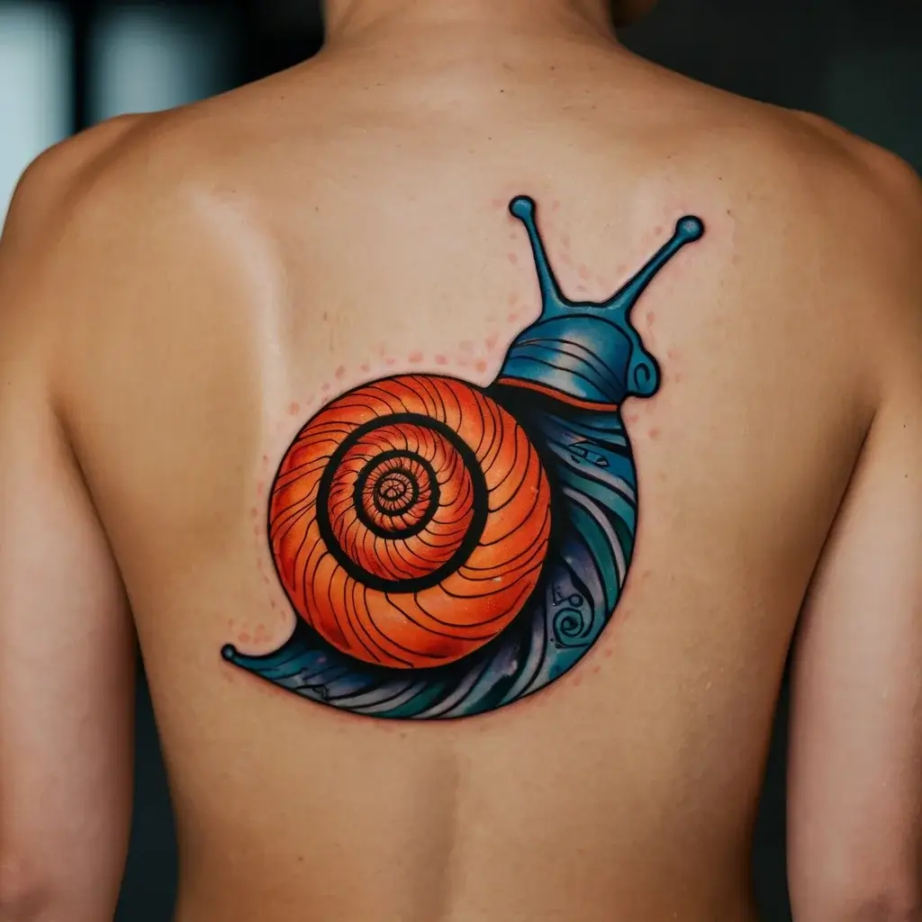 A vibrant tattoo of a snail on the back, with an orange shell and a blue body, blending realism with bold colors.