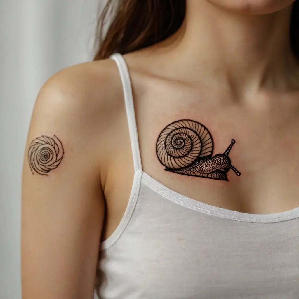 Stylized snail tattoo with intricate spiral shell on collarbone; minimalist spiral design on shoulder.