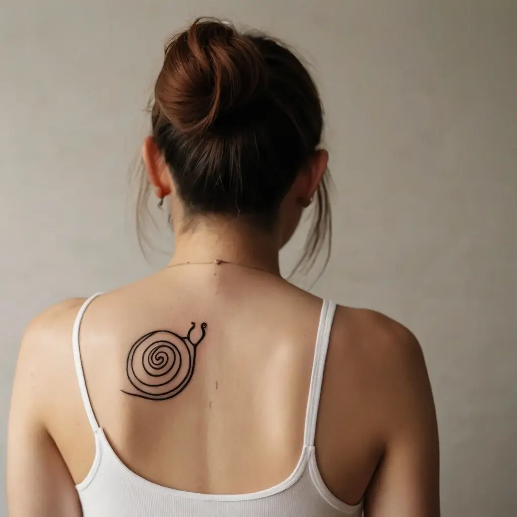 Minimalist spiral snail tattoo on upper back, symbolizing patience and persistence. Black ink with clean, flowing lines.