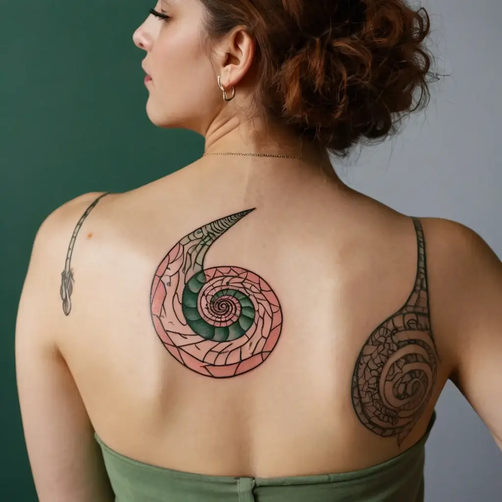 Spiral tattoo on back in pink and green with geometric patterns. Resembles a seashell or snail shell with intricate details.