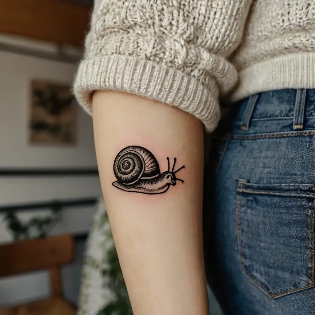 Black and gray tattoo of a realistic snail with detailed shell and antennae on the upper arm, symbolizing pace and resilience.