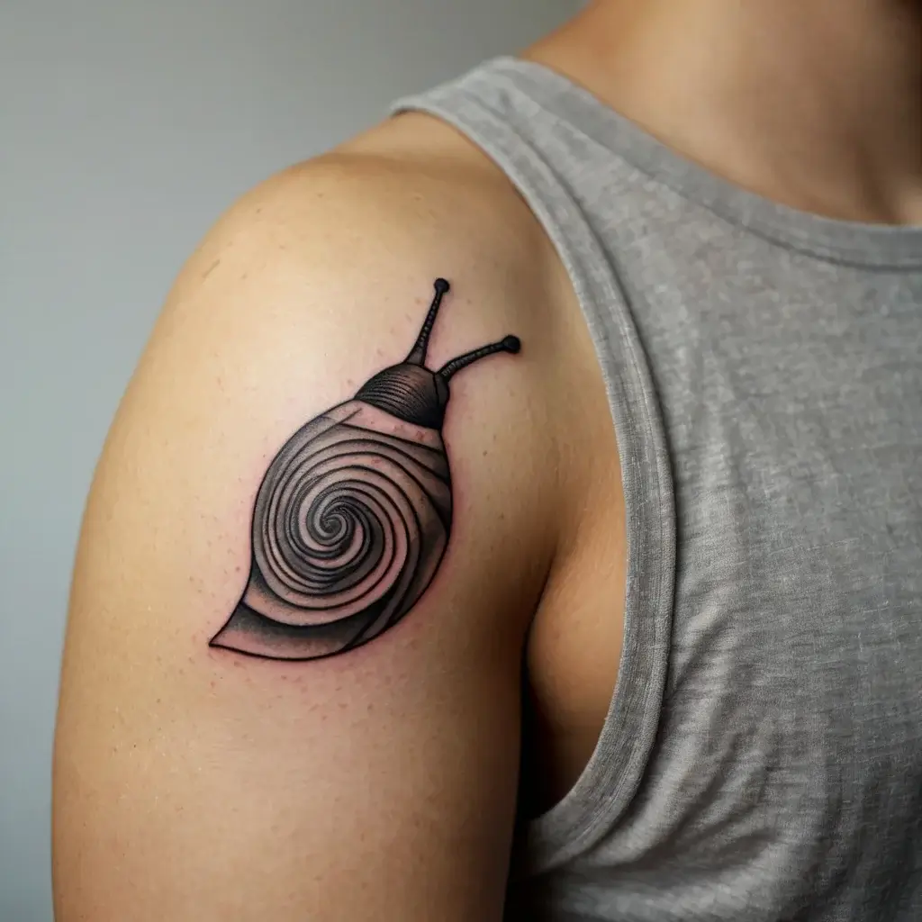 Tattoo of a stylized snail on the shoulder, with a bold spiral shell and linear shading, using black ink.