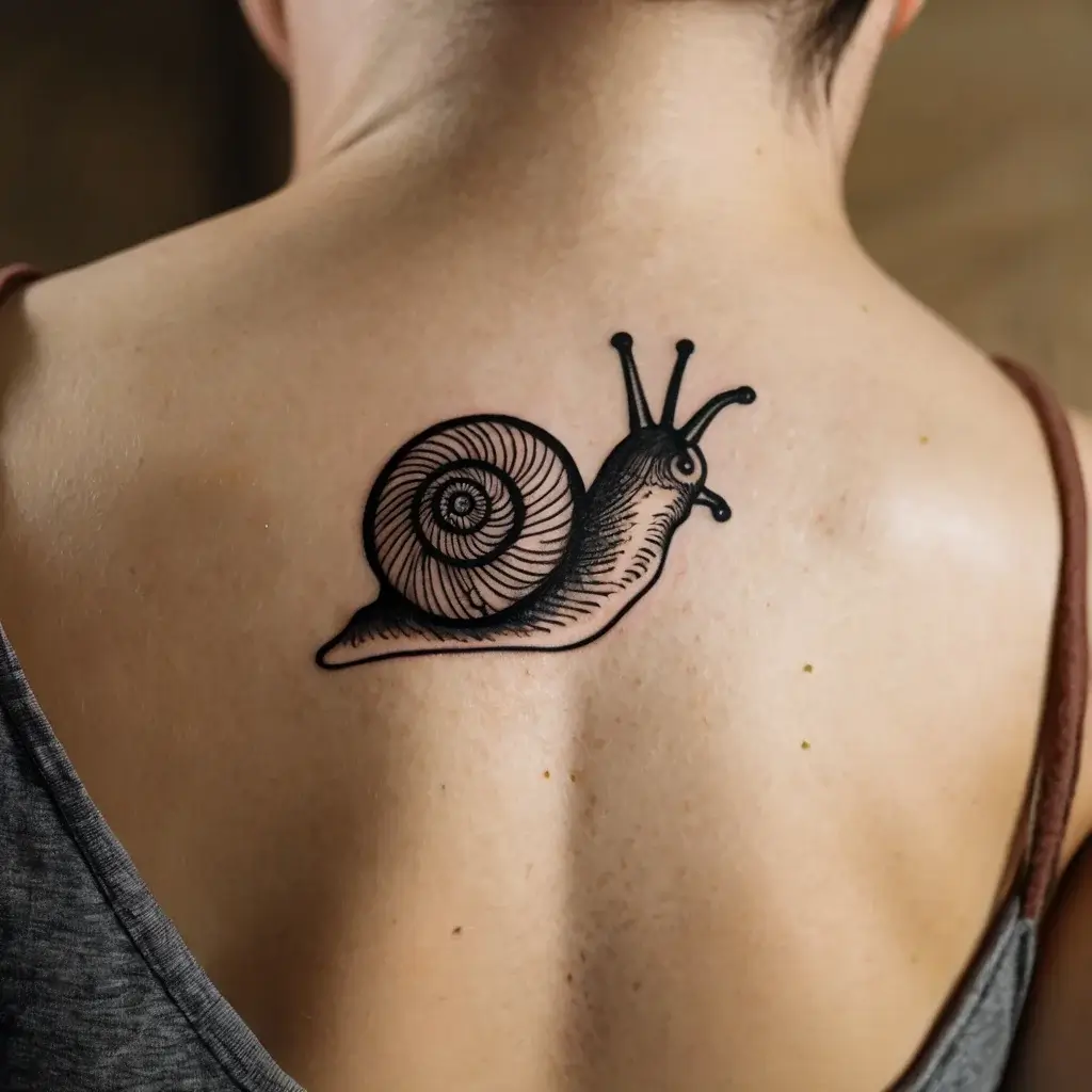 Tattoo of a stylized snail on the back, featuring detailed black linework and intricate spiral shell design.