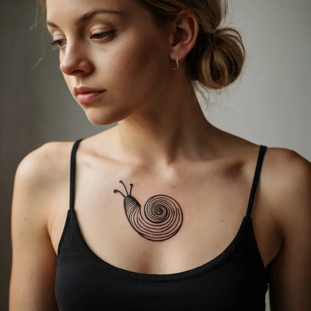 A minimalist snail tattoo with a spiral shell of concentric black lines is placed on the chest, symbolizing slow, thoughtful growth.