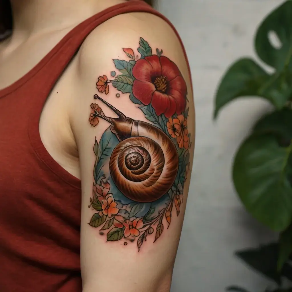 A vibrant tattoo of a snail with a swirling shell surrounded by red and orange flowers, highlighting nature's beauty.