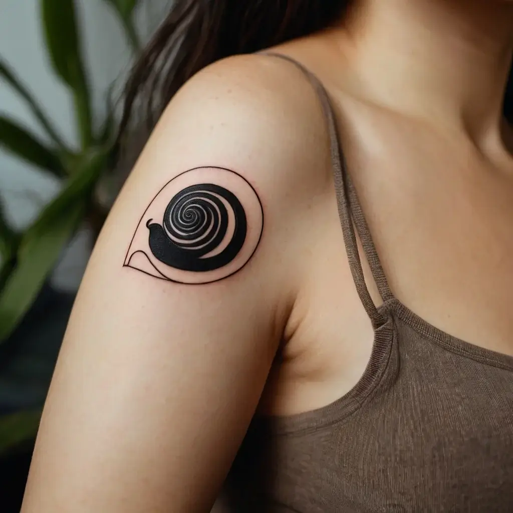 Tattoo of a stylized black spiral snail shell, featuring bold lines and a minimalist design on the upper arm.