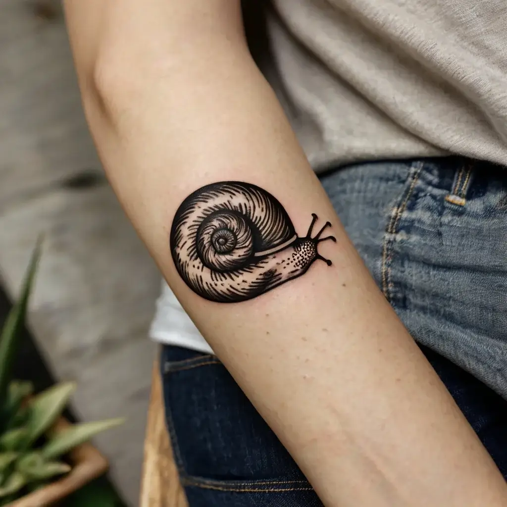 Detailed black and gray snail tattoo with intricate shell pattern on the inner arm, symbolizing patience and resilience.