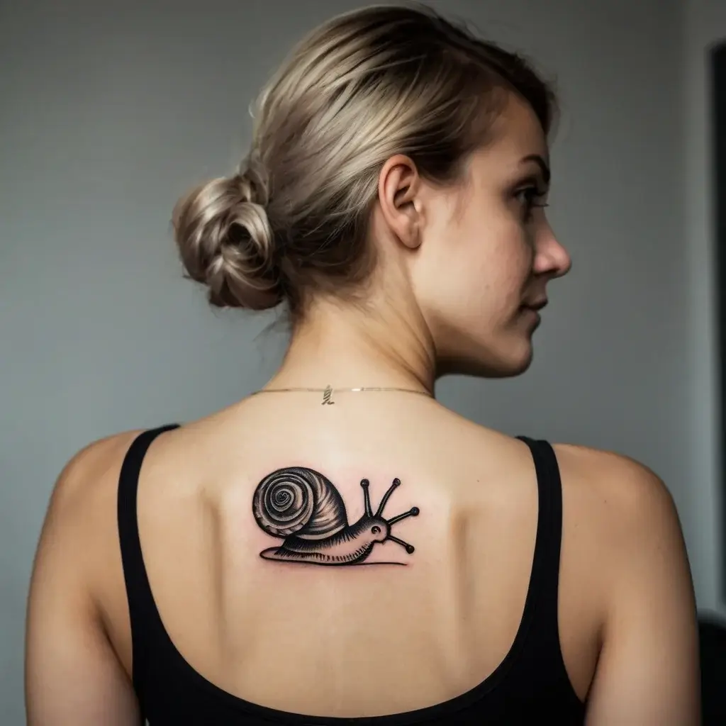 Tattoo of a realistic snail on the upper back, featuring detailed spiral shell and subtle shading for depth.