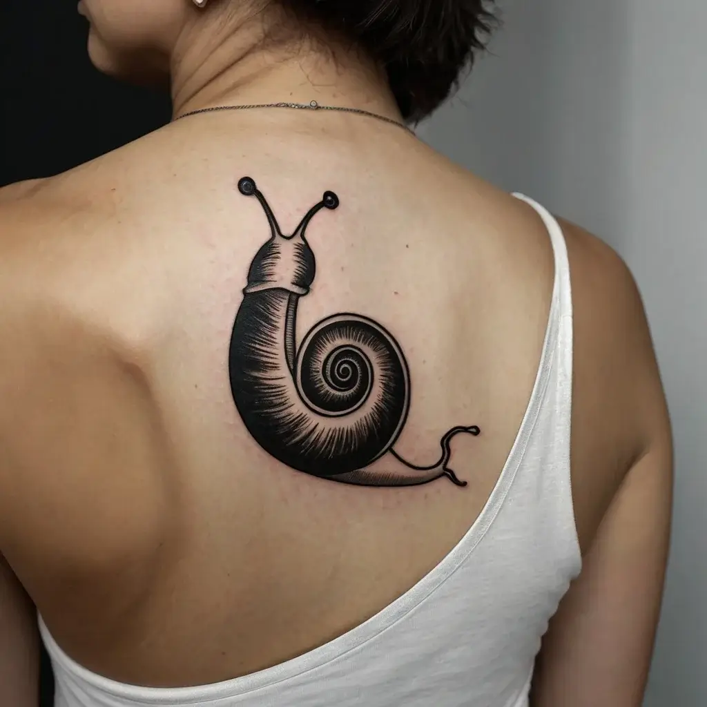 Stylized black snail tattoo with intricate shading and bold lines on upper back, highlighting its spiral shell design.