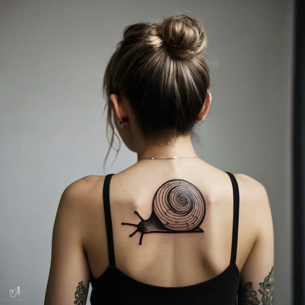 A black snail tattoo with an intricate spiral shell, elegantly inked on a woman's upper back, captures slow-paced beauty.