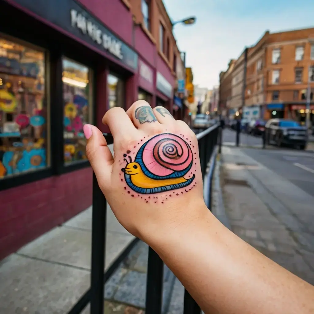 Bright, cartoon-style snail tattoo on hand; yellow body, pink spiral shell, bold outlines with decorative dots.