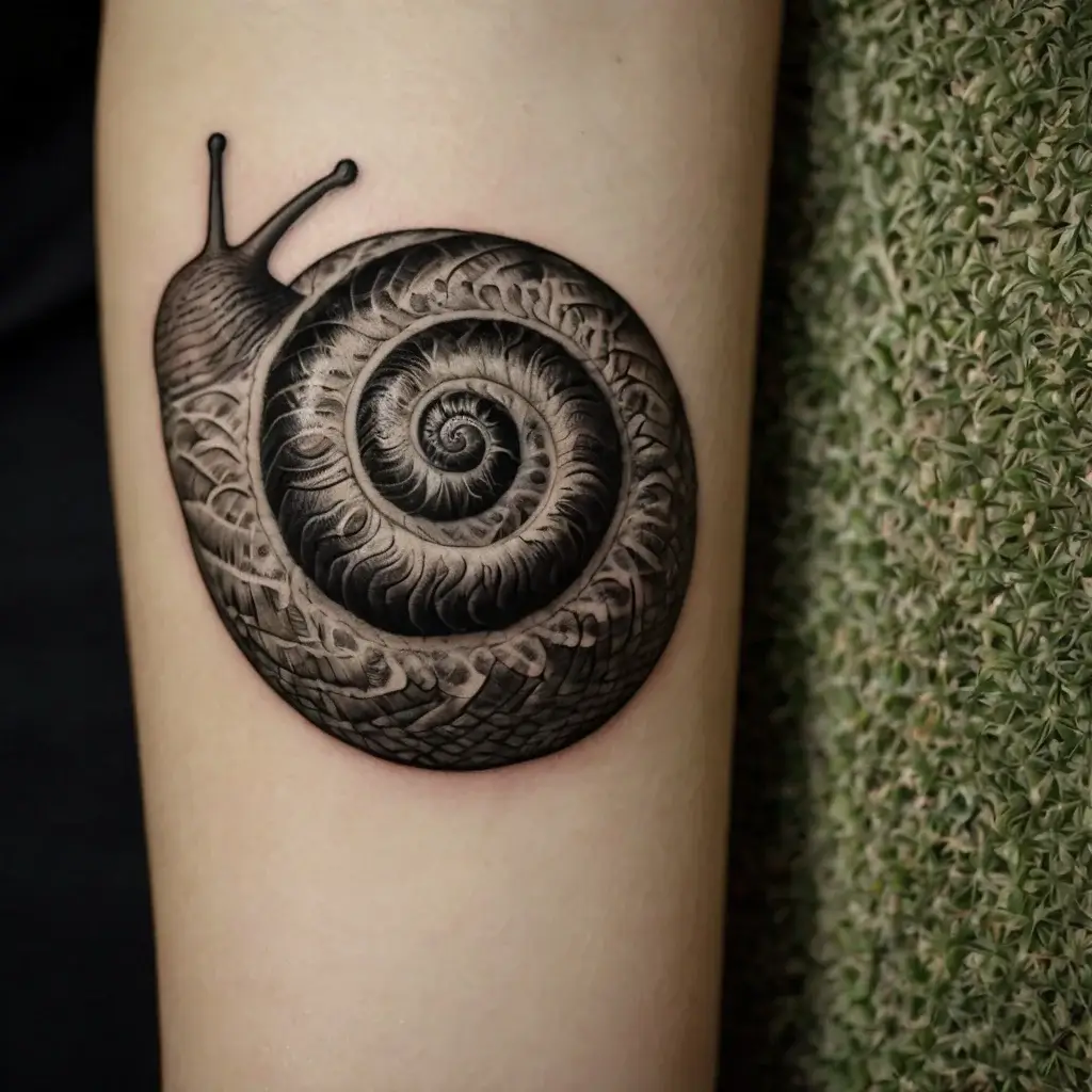 Hyper-realistic snail shell tattoo, beautifully shaded in black and gray, showcasing intricate spiral and texture detail.