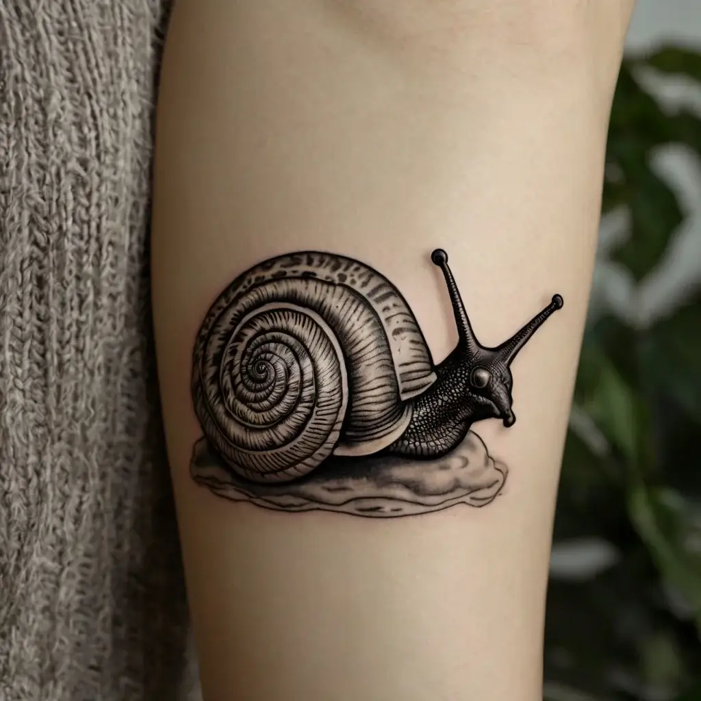 Realistic black and gray tattoo of a snail on its shell with detailed shading, giving a lifelike 3D effect on the skin.