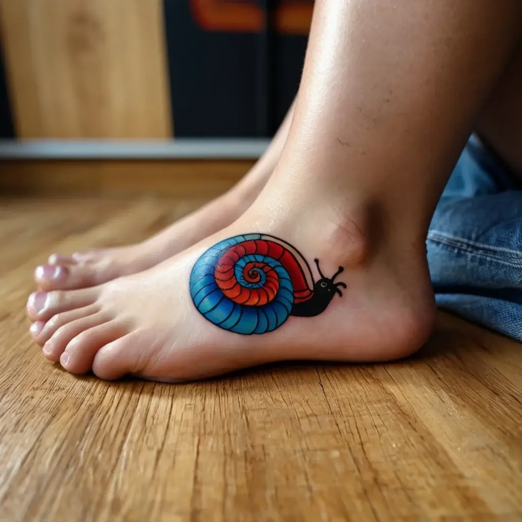 Vibrant snail tattoo on the ankle, featuring a spiral shell in red and blue hues with a minimalist black body.