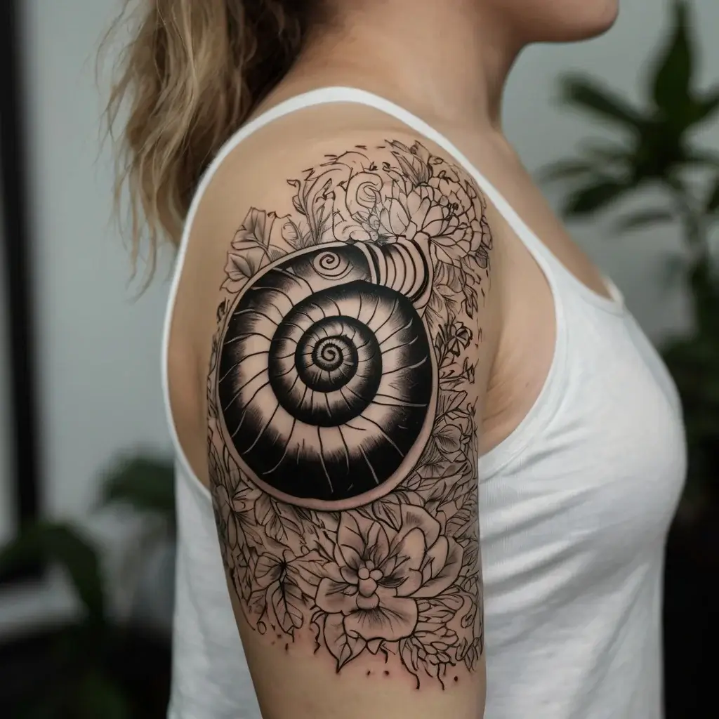 Black and white tattoo of a spiral shell with floral accents on upper arm, blending intricate patterns and shading.