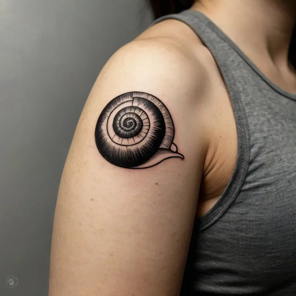 Tattoo of a realistic snail with detailed shell shading on the upper arm, symbolizing patience and perseverance.