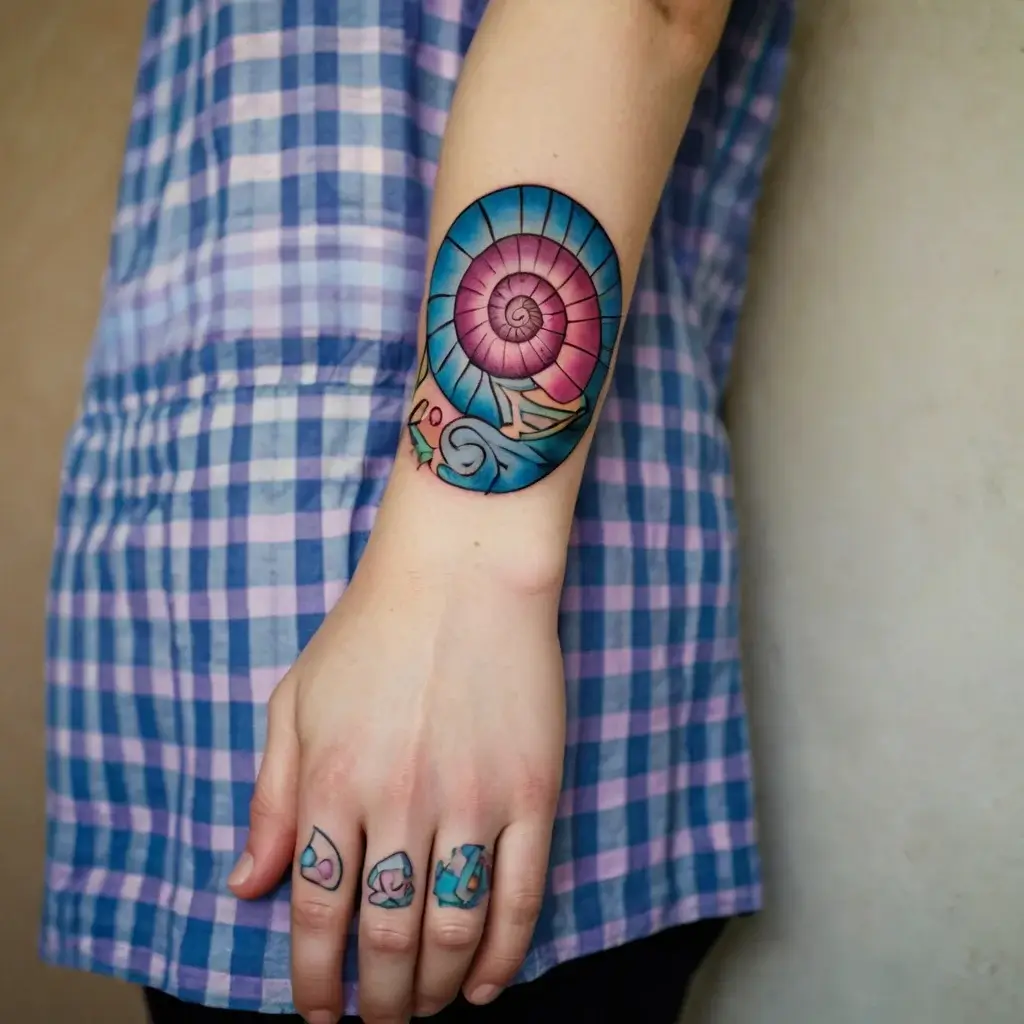 Colorful snail tattoo on forearm with a spiral shell in pink and blue. Geometric patterns adorn the fingers.