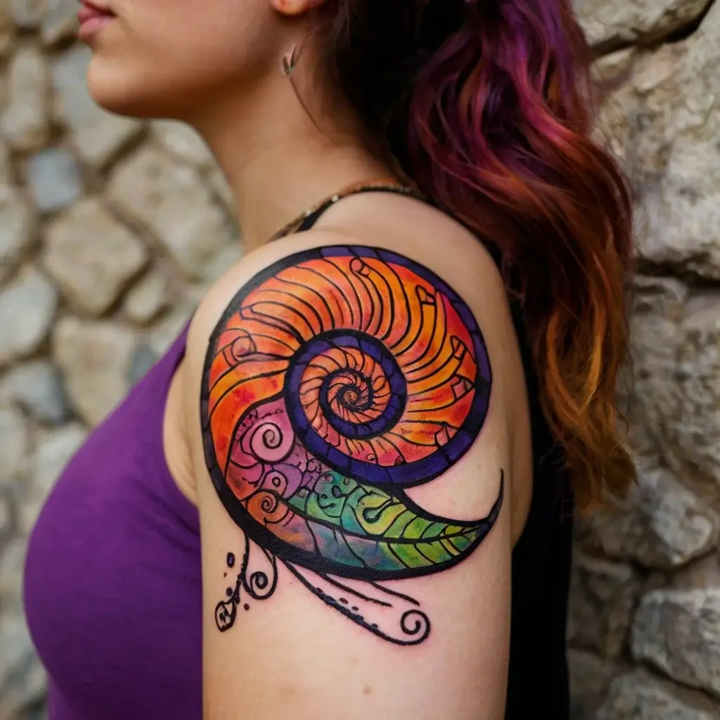 Colorful spiral tattoo on shoulder with abstract patterns and vibrant rainbow gradient from orange to green.