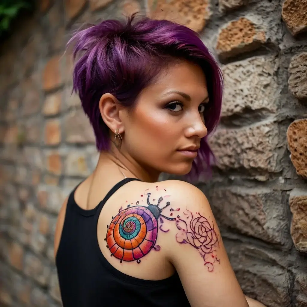 Colorful spiral shell tattoo on shoulder, with intricate purple swirls and splatter effects cascading around it.