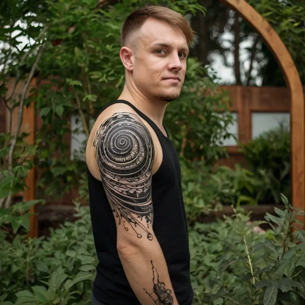 Tattoo features a detailed spiral on the shoulder, merging into abstract, geometric patterns and splashes down the arm.