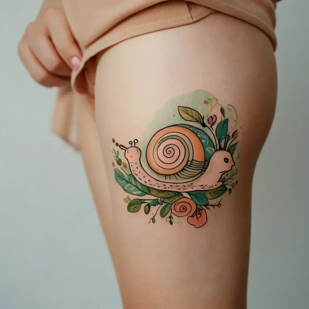 Stylized snail tattoo with a spiral shell, surrounded by vibrant leaves and blooms in earthy greens and soft oranges.