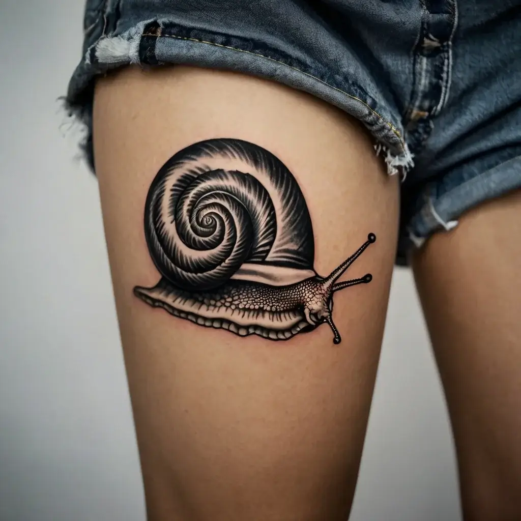 Realistic monochrome snail tattoo on thigh, showcasing detailed spiral shell and textured body against worn denim shorts.