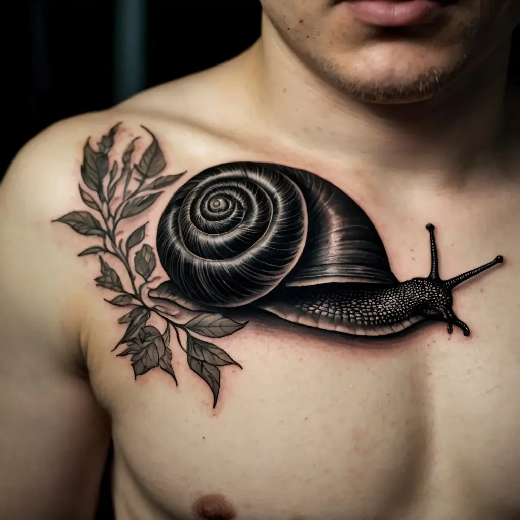 Tattoo of a realistic snail on a chest with detailed shading and leafy accents, emphasizing natural and serene imagery.