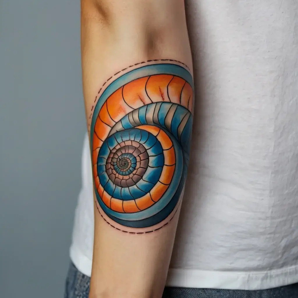 Tattoo of a vibrant nautilus shell with orange and blue spiral design, creating a 3D illusion on the inner forearm.