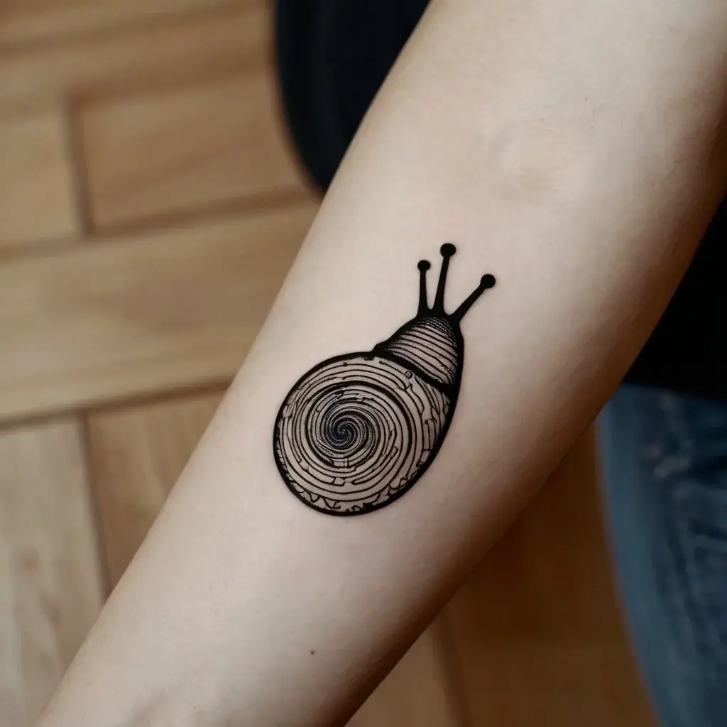 Tattoo of a stylized snail with a spiral shell on the forearm, detailed with intricate linework and bold outlines.