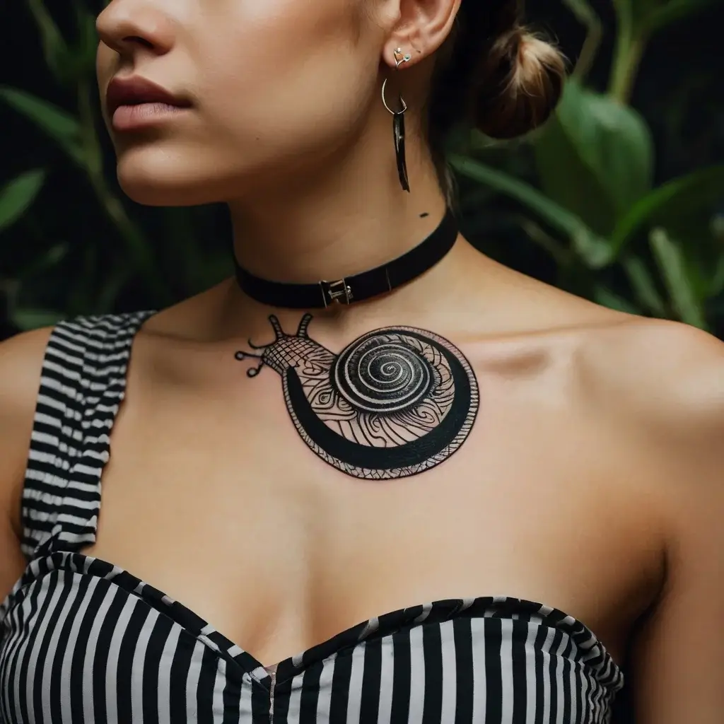 Intricate snail tattoo with geometric patterns and a spiral shell, placed on the upper chest for striking visual impact.