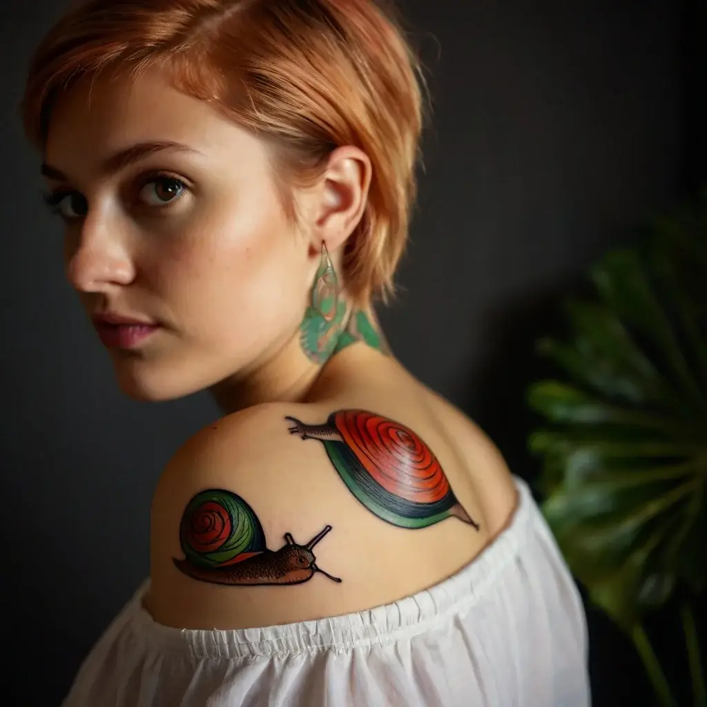 Tattoo of two snails on a shoulder with vibrant spirals in red, green, and orange, highlighting movement and life.