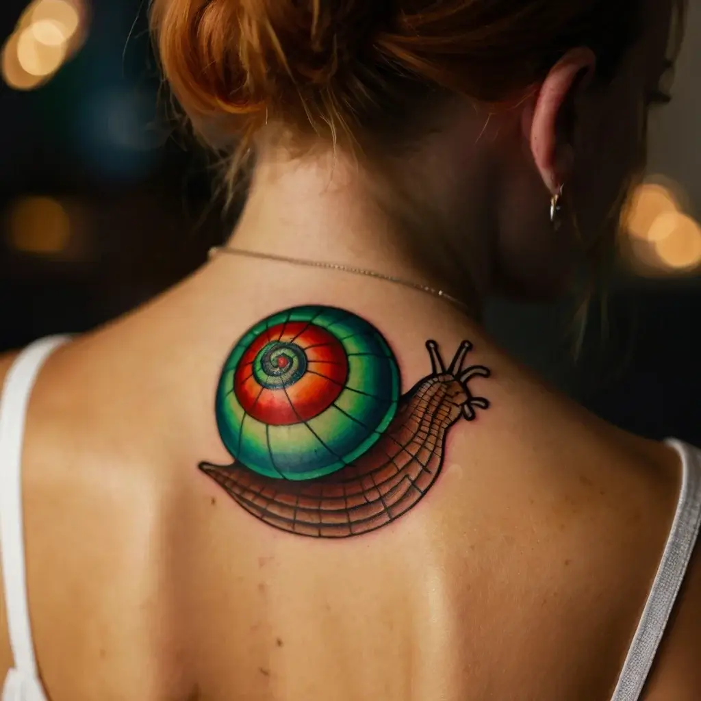 A vibrant, colorful snail tattoo on the upper back, featuring a rainbow spiral shell and detailed body shading.