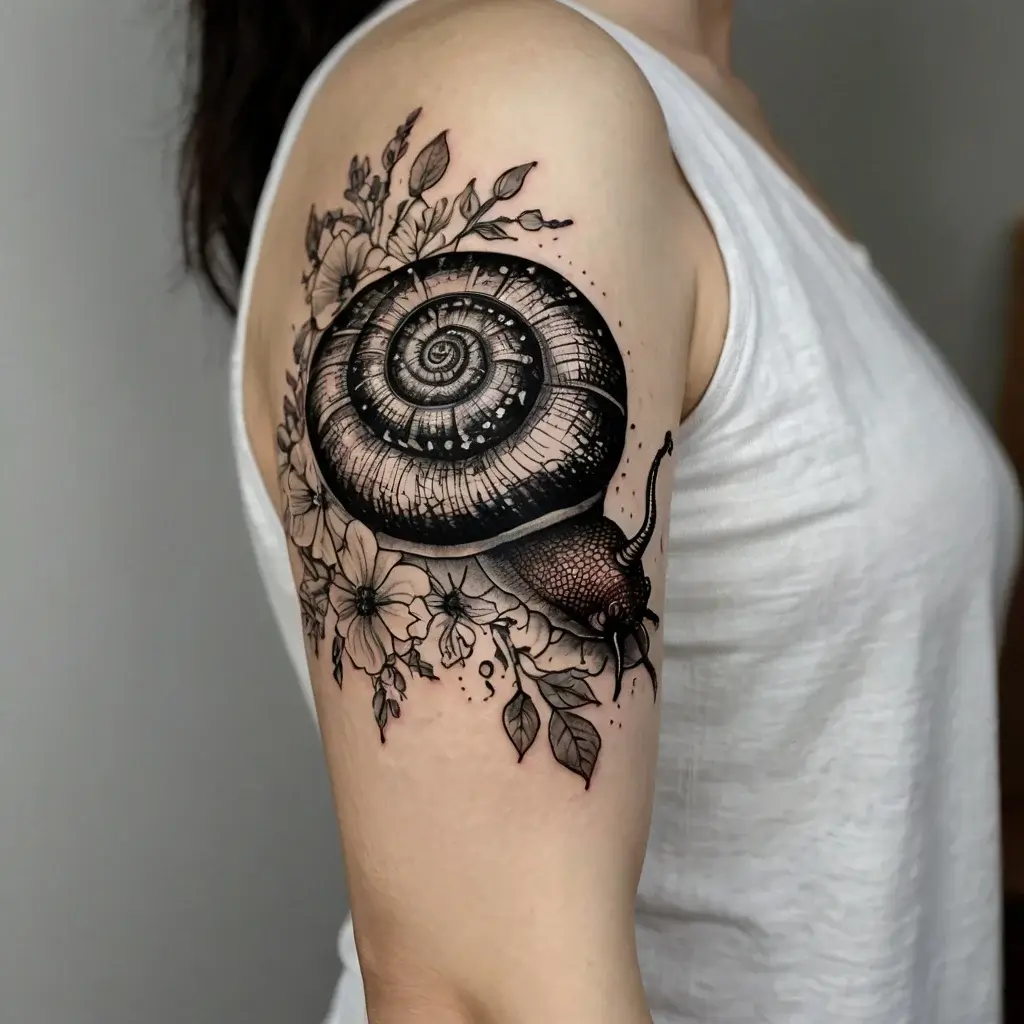 Black and gray tattoo of a snail with intricate shell details, surrounded by flowers and leaves, on an upper arm.