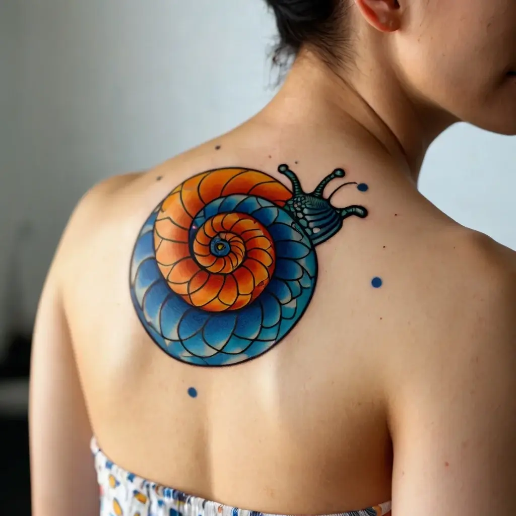 Colorful spiral snail tattoo on shoulder; vibrant blues and oranges with geometric patterns and a subtle dot background.