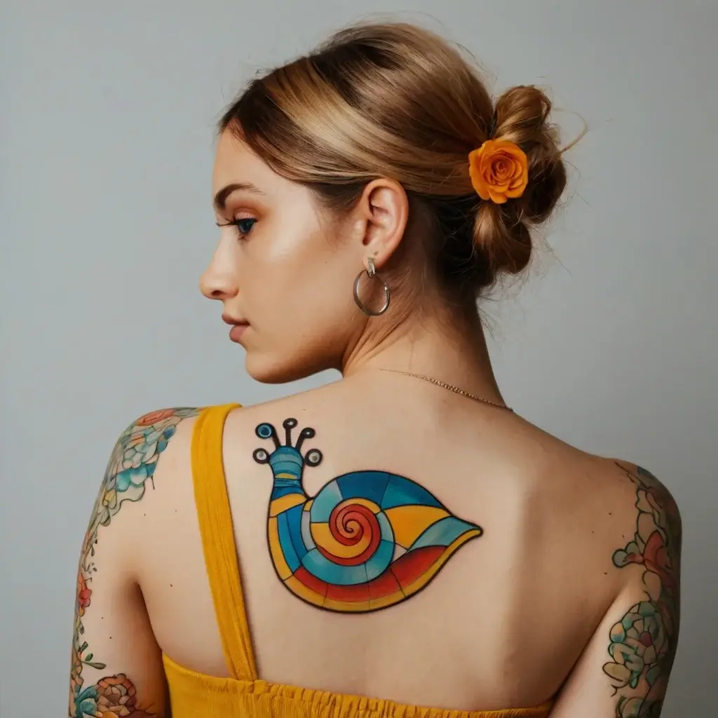 Colorful abstract snail tattoo with geometric patterns on back, featuring vibrant reds, blues, and yellows.