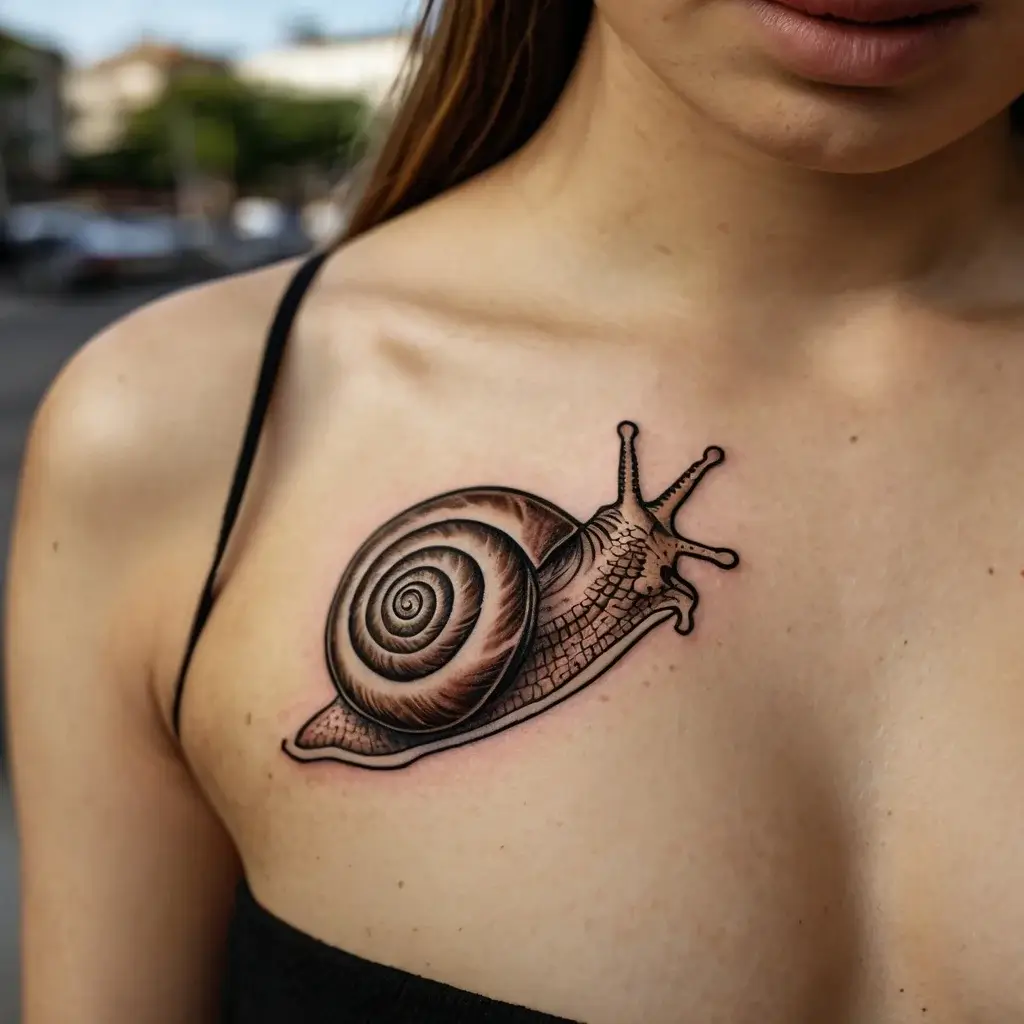 Intricate snail tattoo on chest, featuring detailed spiral shell and textured shading, showcasing realism and depth.