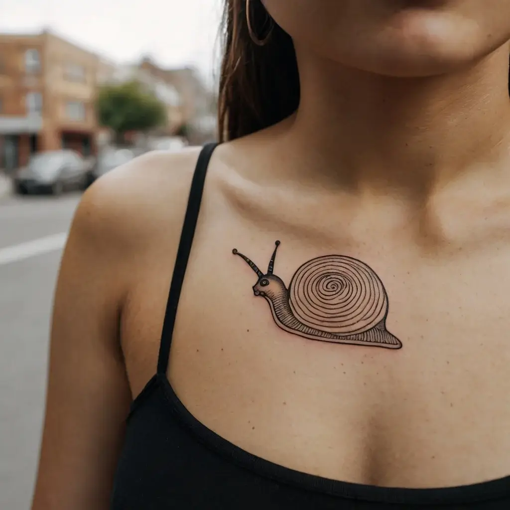 Tattoo of a realistic snail on the chest, showcasing fine line work and shading, with a swirling shell pattern.