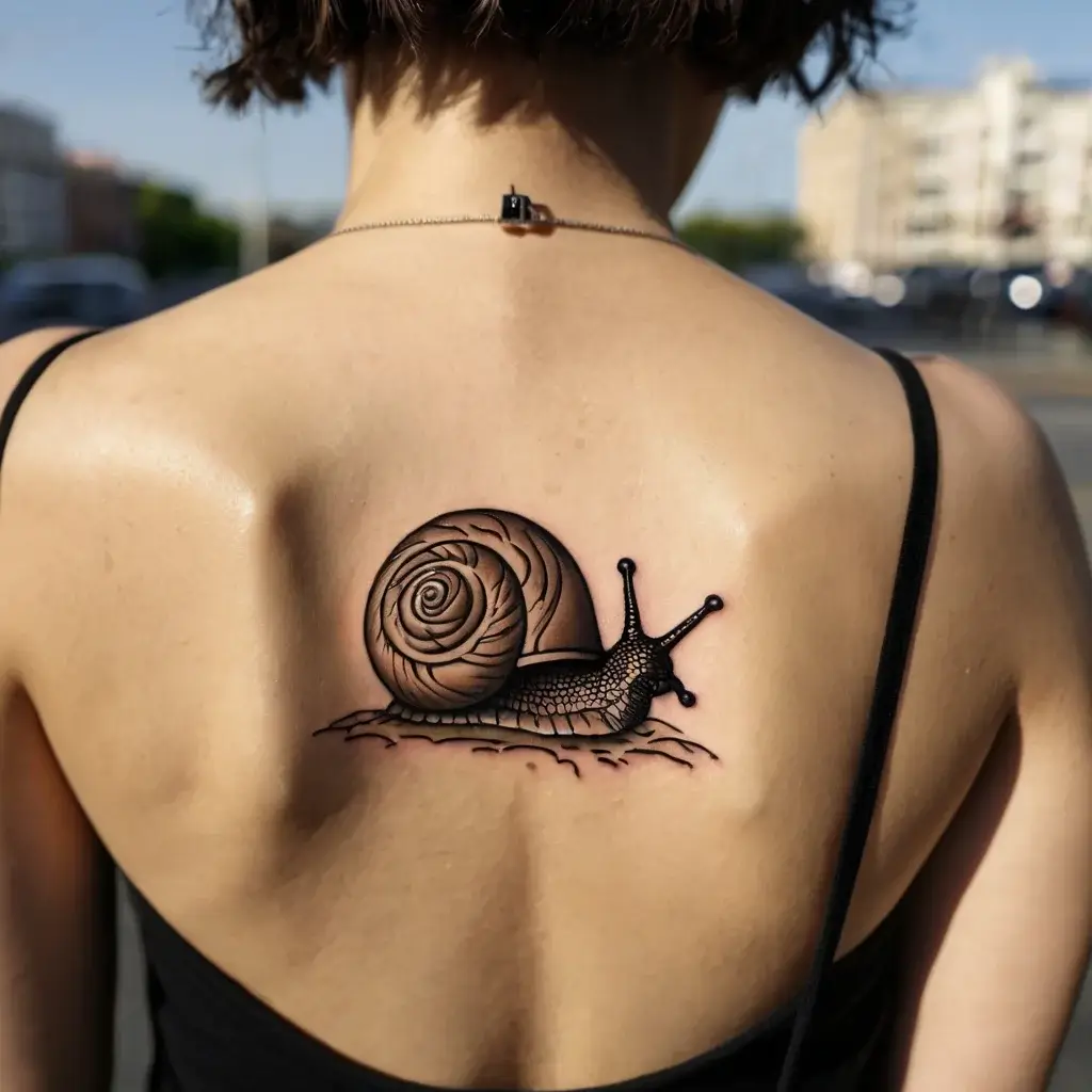 Tattoo of a realistic snail with detailed shell and texture, placed on the upper back for a striking appearance.