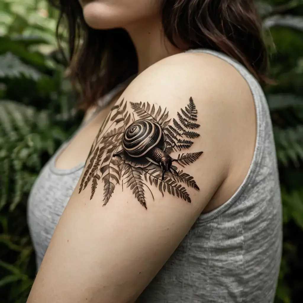 Tattoo of a detailed snail on a shoulder, sitting on realistic fern leaves, blending nature and intricate artistry.