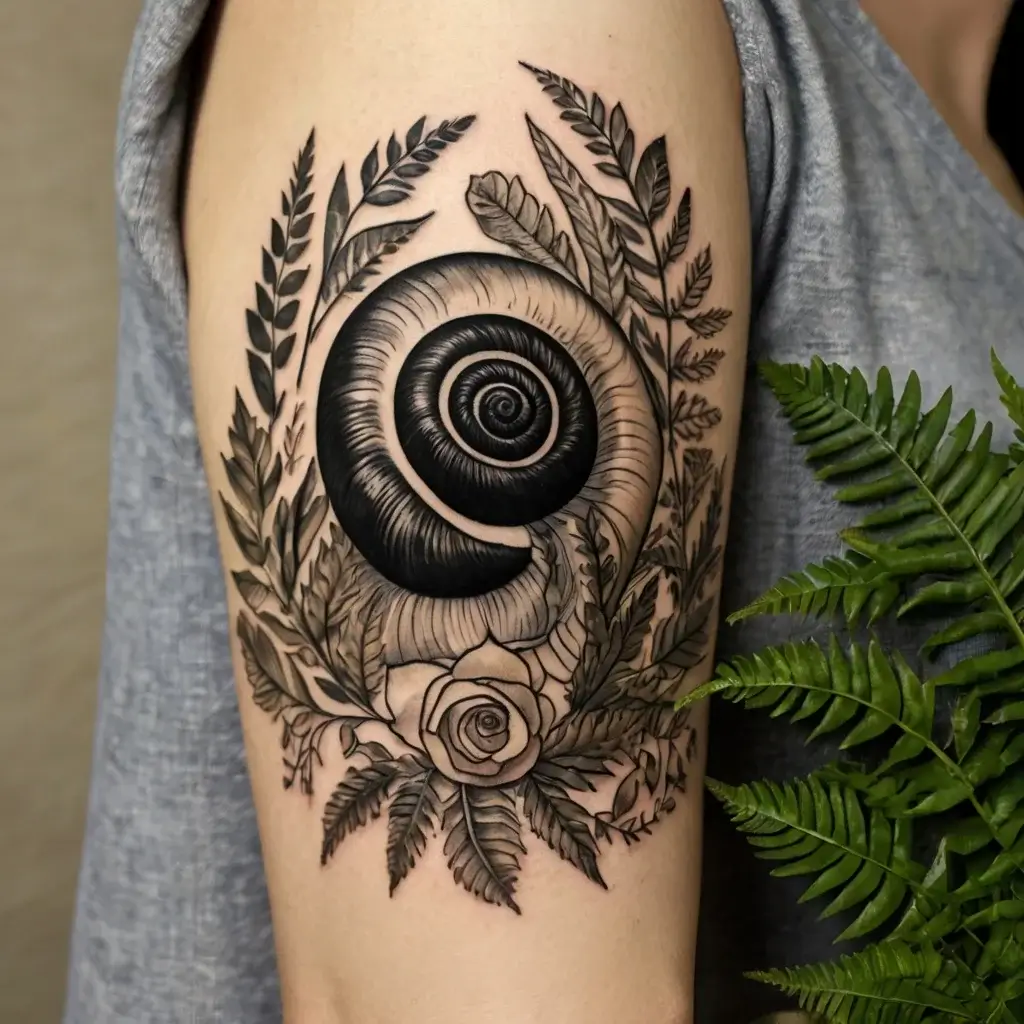 A detailed black and gray tattoo of a snail shell surrounded by intricate foliage and a rose on the upper arm.