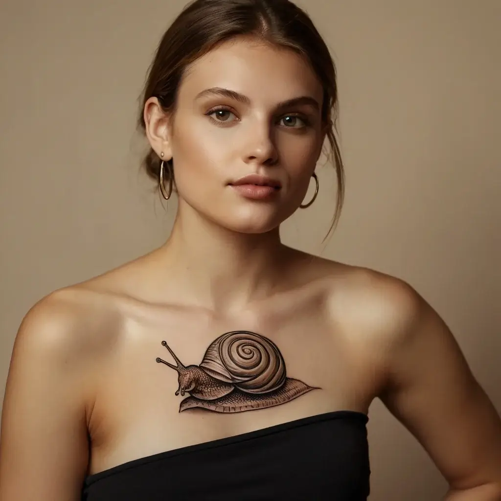 Realistic snail tattoo on chest with detailed spiral shell and textured body, showcasing intricate shading and earthy tones.