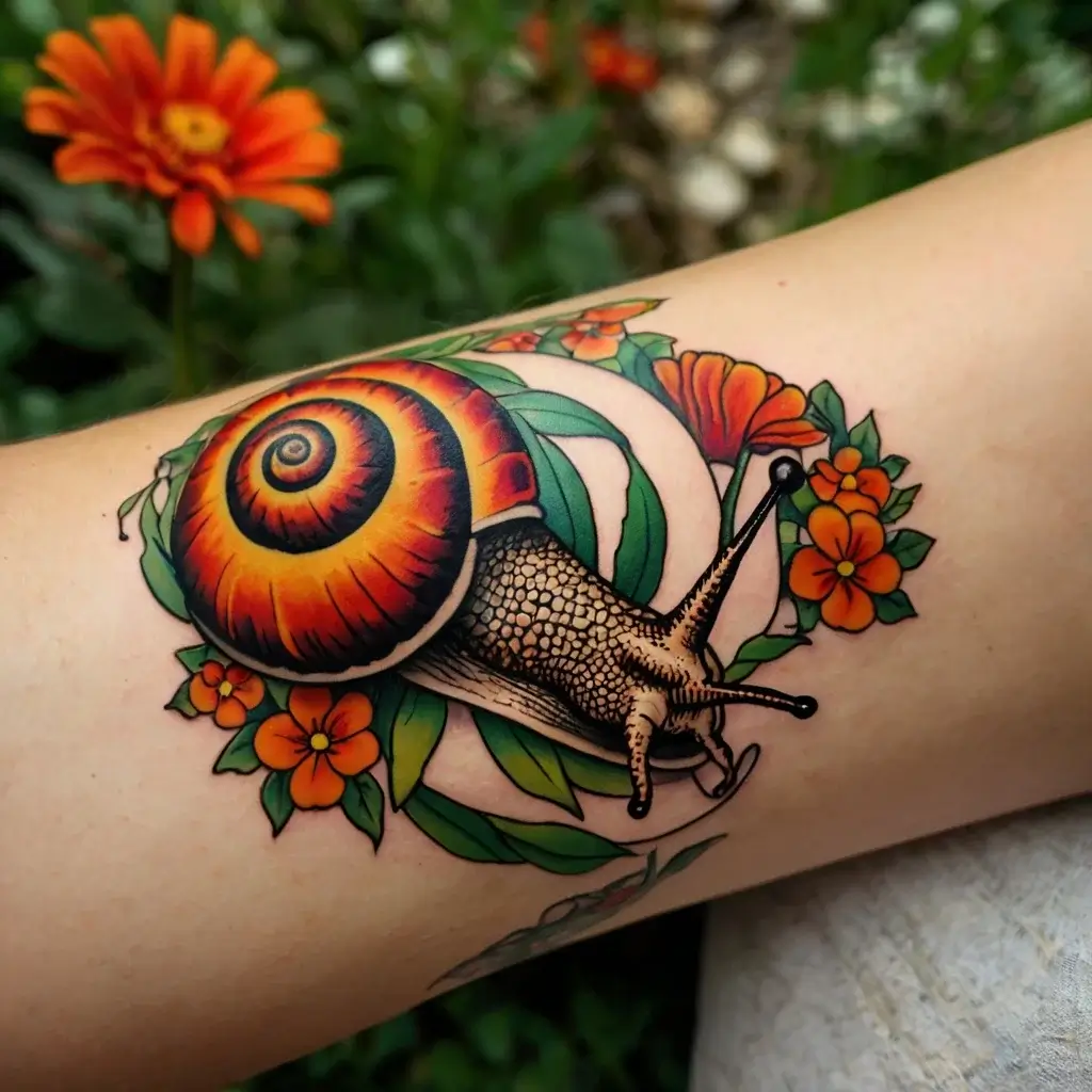 A vibrant tattoo of a snail with an orange shell, surrounded by orange flowers and green leaves, detailed and colorful.