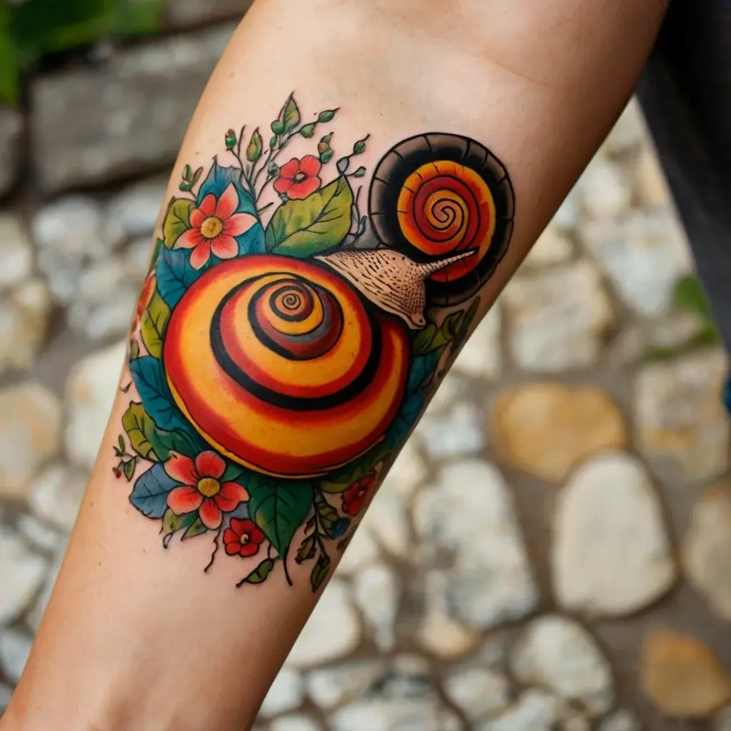 Colorful snail tattoo with vibrant, swirling stripes, surrounded by lush leaves and vivid flowers on the forearm.