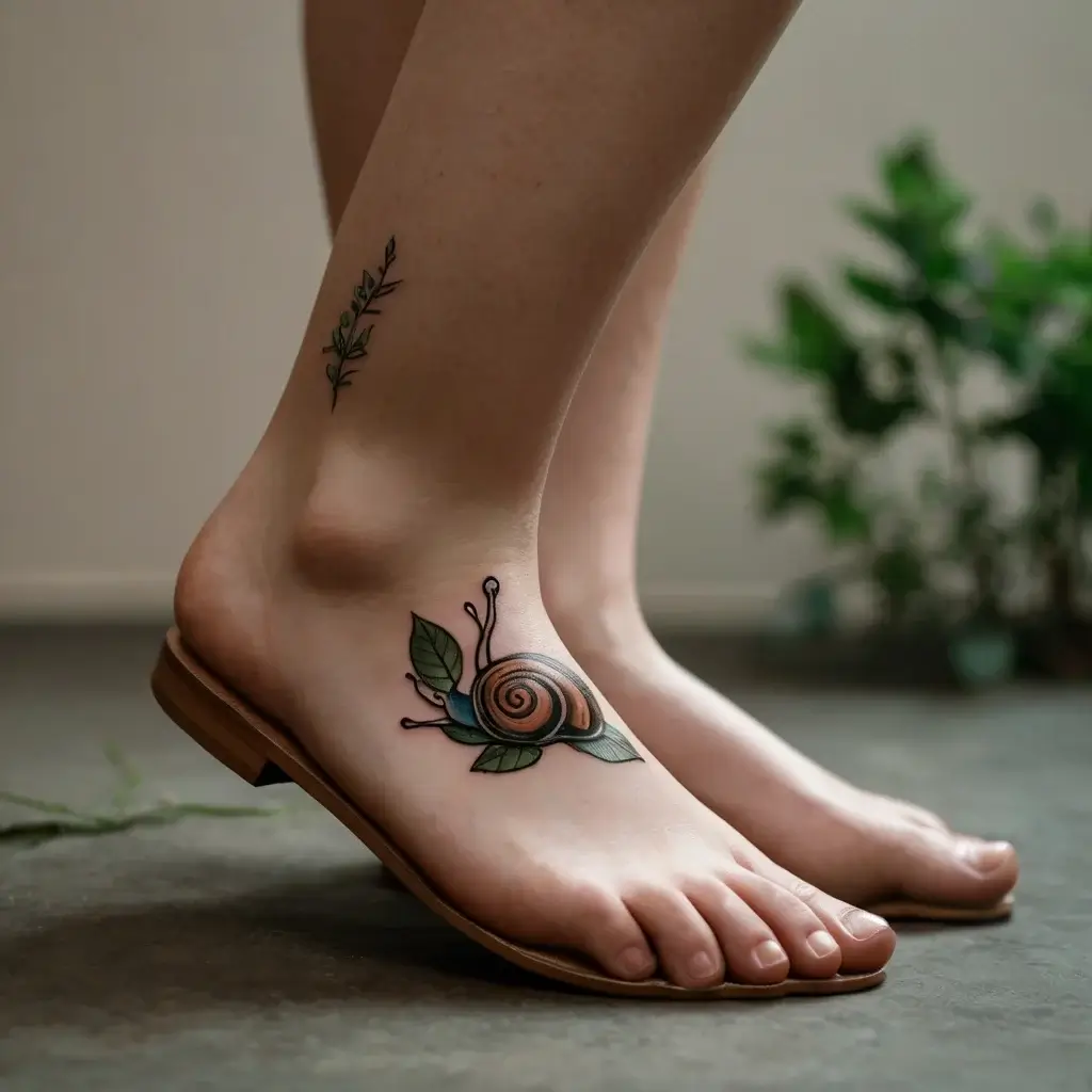 Colorful snail and leaves tattoo on the foot, symbolizing patience. Small botanical branch tattoo on the ankle for nature.