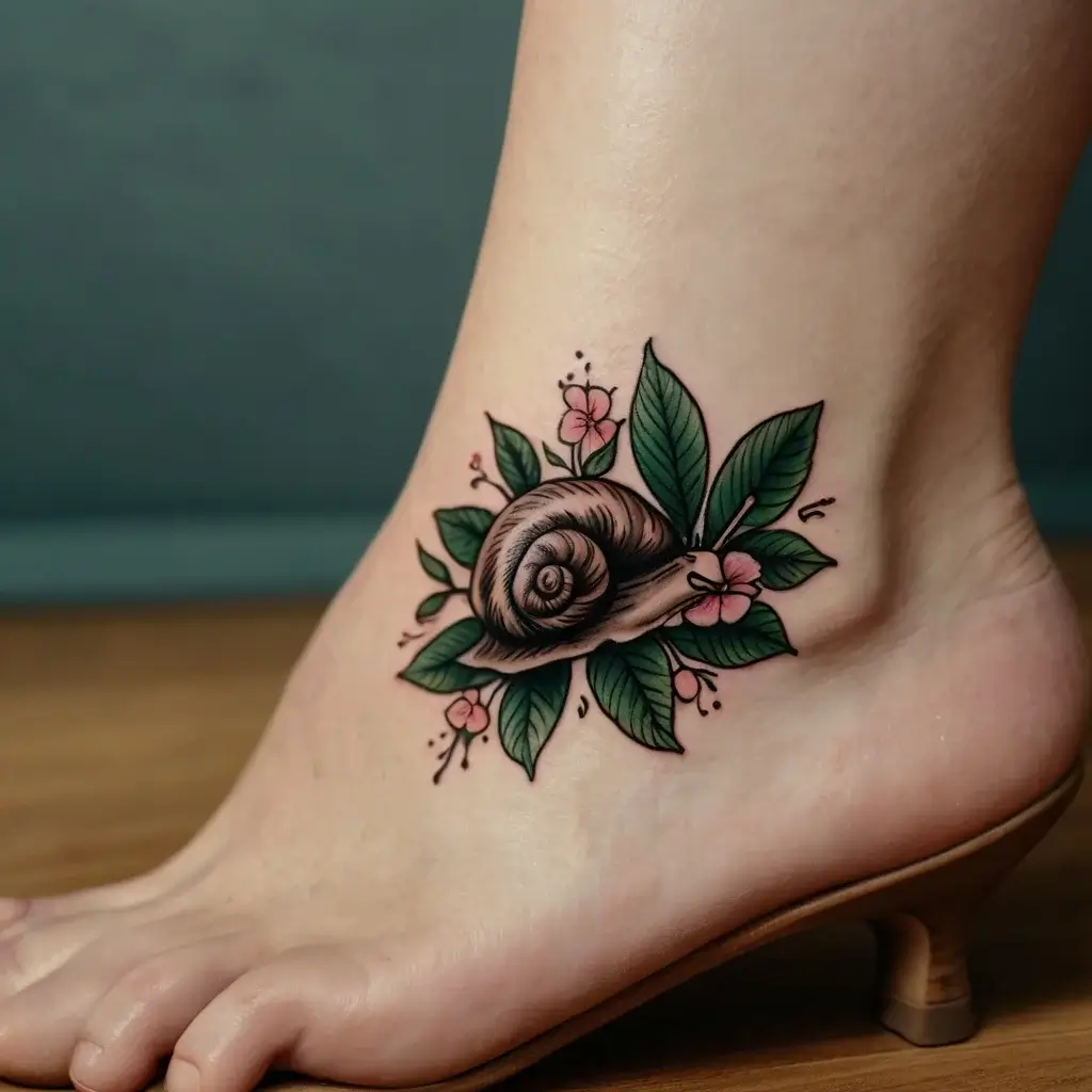 Tattoo of a detailed snail with green leaves and pink flowers on the foot, blending natural and whimsical elements.